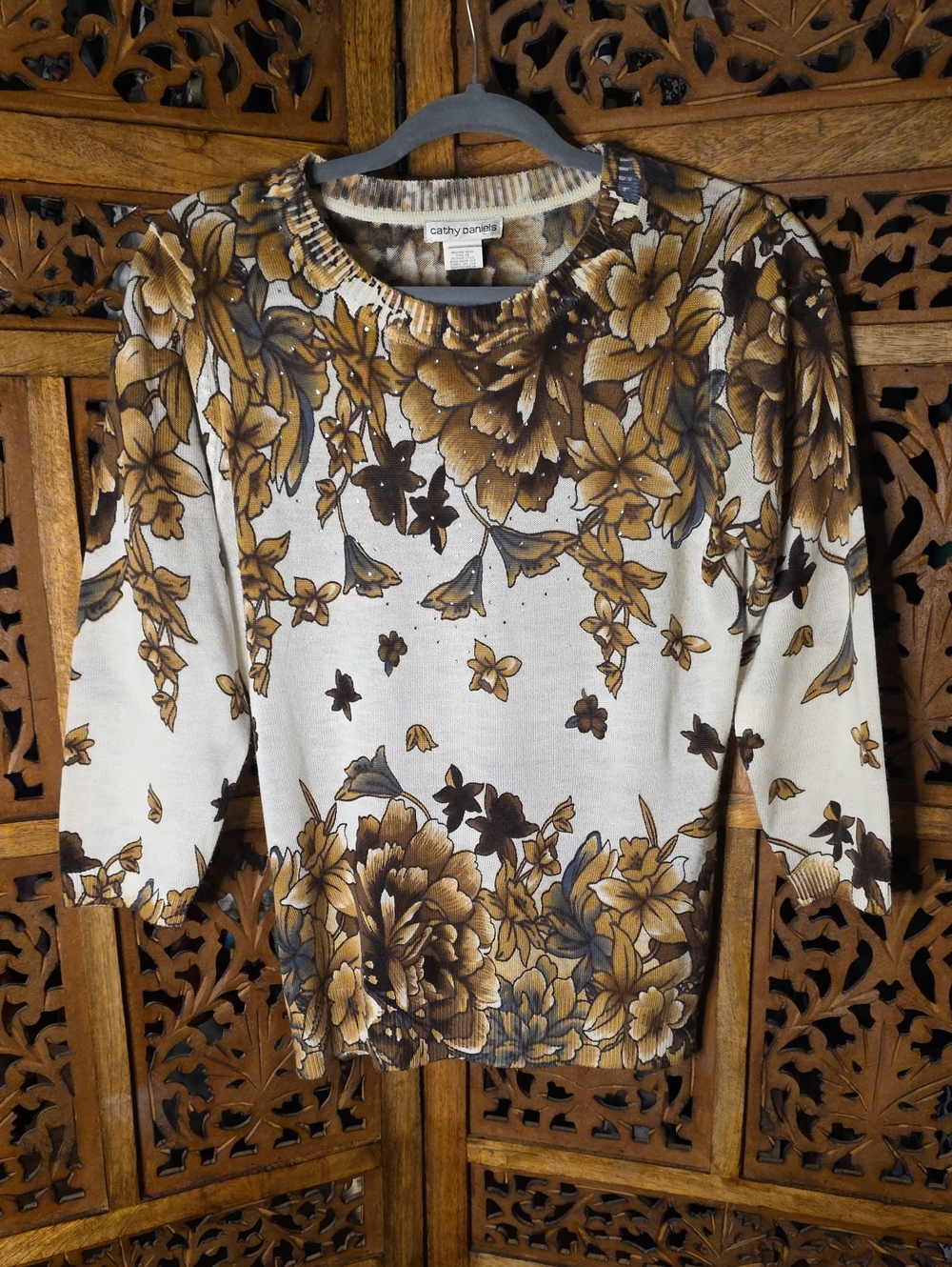 Cathy Daniels Cream Floral Knit Sweatshirt with Brown Blooms